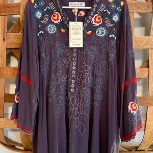 St. Lareina Women's Embroidered Blouse - Deep Purpwith Multicolor Floral Accents